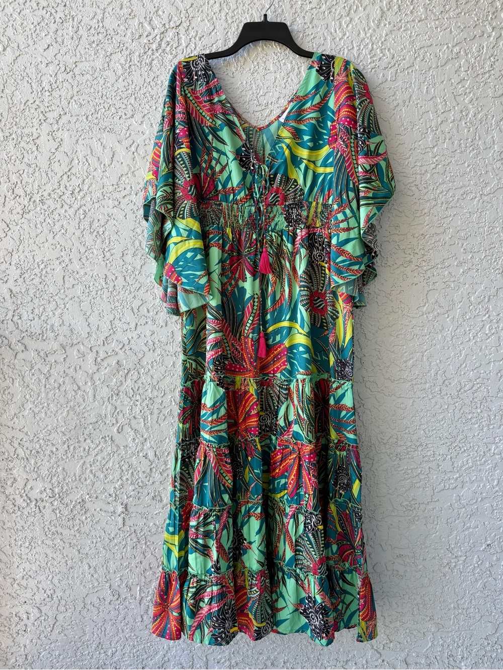 Anthropologie Boemo Tropical Smocked Tiered Kimono Sleeve Maxi Dress Large